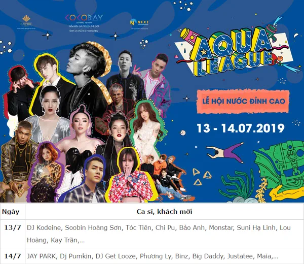 Lịch biểu diễn ca sĩ khách mời Lễ Hội Nước Aqua League Cocobay Đà Nẵng 2019