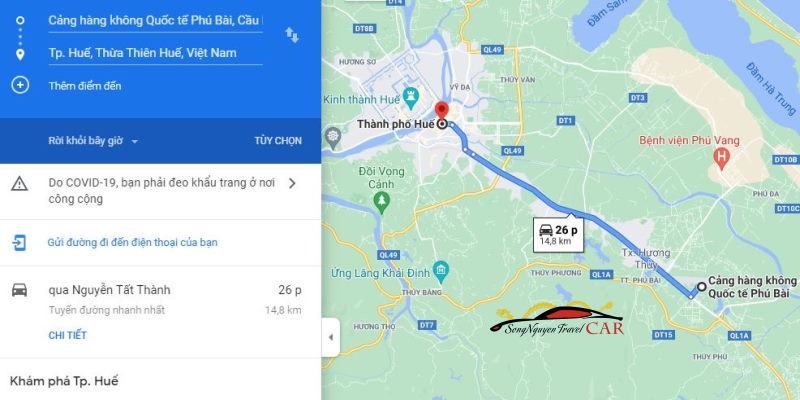 Bản đồ từ sân bay Phú Bài về Huế