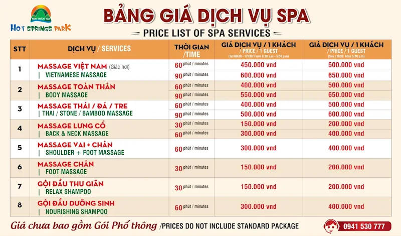 Giá vé dịch vụ Spa Núi Thần Tài Đà Nẵng