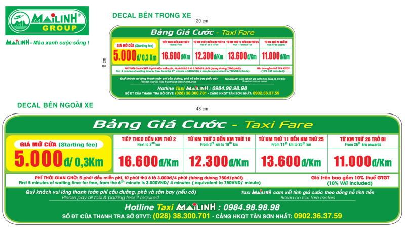 Giá cước Taxi Mai Linh 4 chỗ Kia Morning
