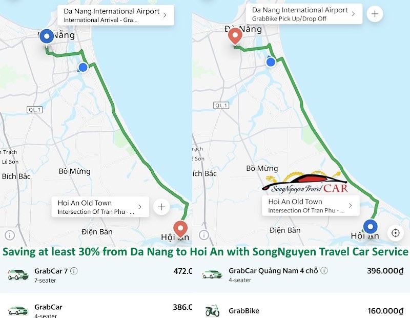 Grab price from Hoi An Old Town to Da Nang
