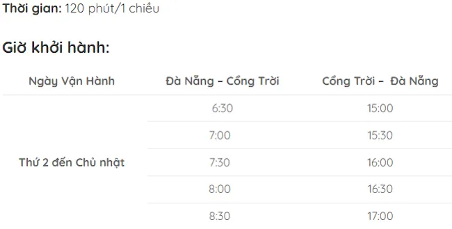 Lịch trình xe buýt từ Đà Nẵng đến Cổng trời Đông Giang